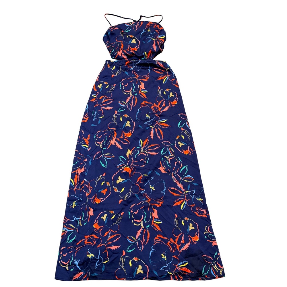 Navy Blue Floral Cutout Maxi Dress Spaghetti Strap Formal Resortwear